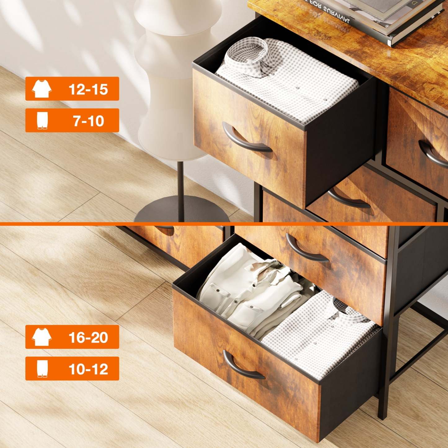 Yanming Cómoda de Tela con 9 cajones, Estructura de Acero y Tapa de Madera para Dormitorio, Armario, Entrada