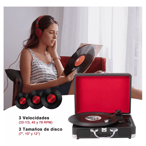 Tocadiscos Con Bluetooth Usb Reproductor De Discos De Vinilo Negro/rojo