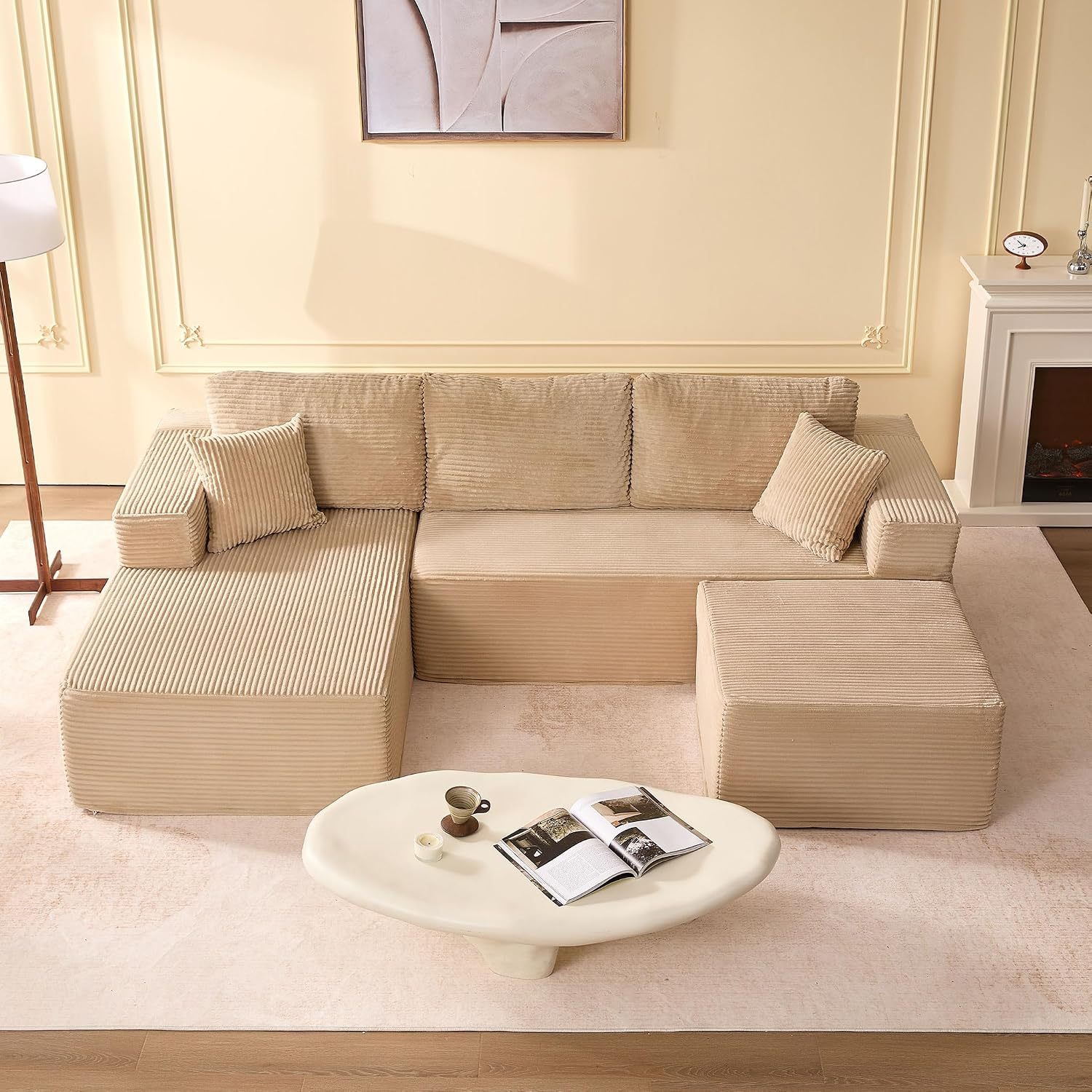 🛋️ Afuson Sofá Modular Seccional en Forma L de 107 Pulgadas, Asiento Profundo, Tapicería de Pana, Sin Montaje, Diseño Deshuesado para Sala de Estar