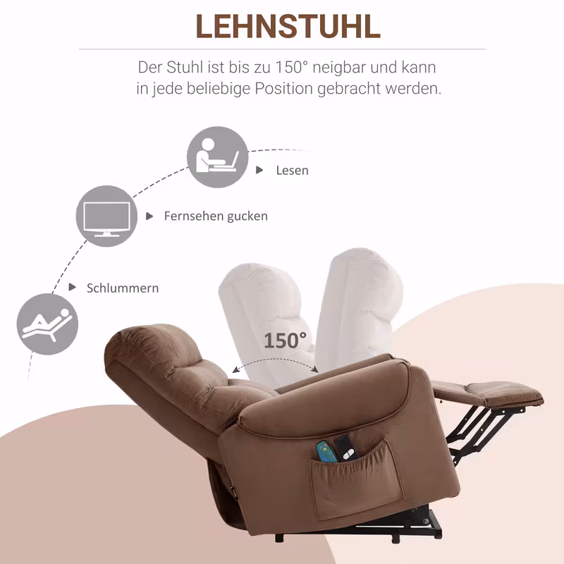 sillón de tv con asistencia eléctrica  , silla de masaje con función reclinable y calentamiento, silla de relajación con control remoto y bolsillo lateral, tela de poliéster   ajustable Detalles del producto 5