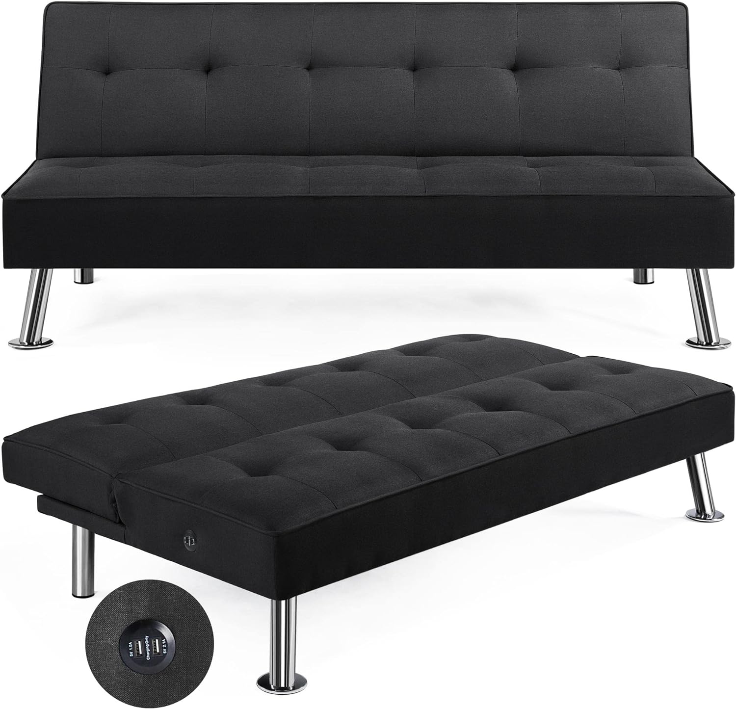 Yaheetech - Sofá Cama Convertible Moderno con 2 Puertos de Carga USB Integrados de Tela, Patas de Metal, 3 ángulos Ajustables para una Vida compacta, Departamento, recámara, habitación Extra Gris