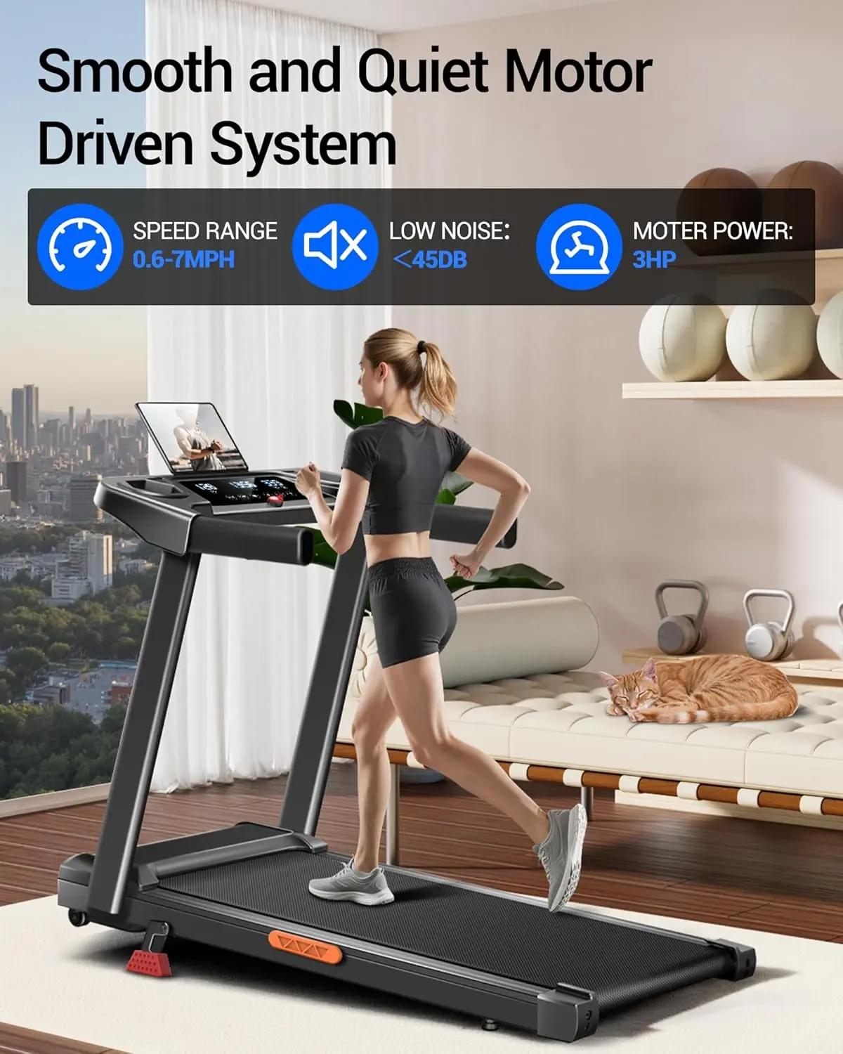 Cinta de correr plegable inclinada, 0,6-7 MPH para el hogar, cintas de correr de 3,0 HP, pantallas, almohadilla para caminar portátil con asa, capacidad de 300 libras.
