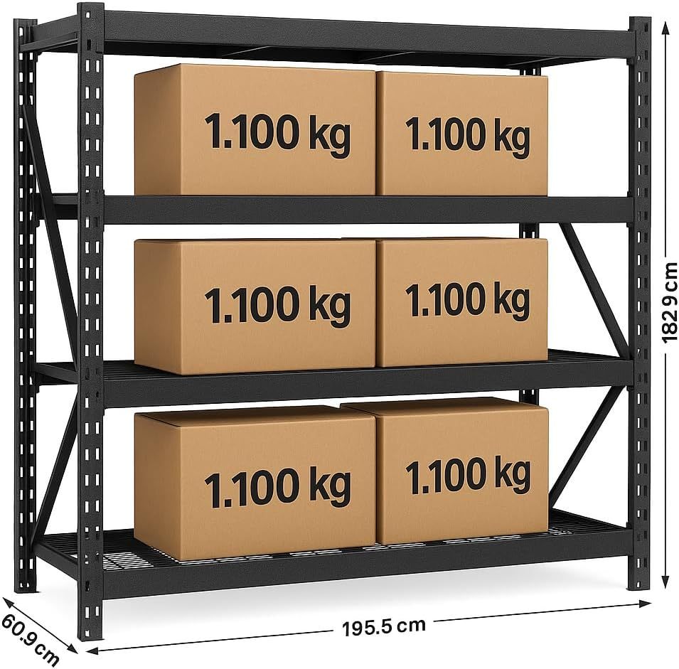 Estante Industrial de Acero Reforzado, 4 Niveles, Negro, 195.5 x 60.9 x 182 cm, Capacidad 1100 kg por Nivel, 4 Toneladas