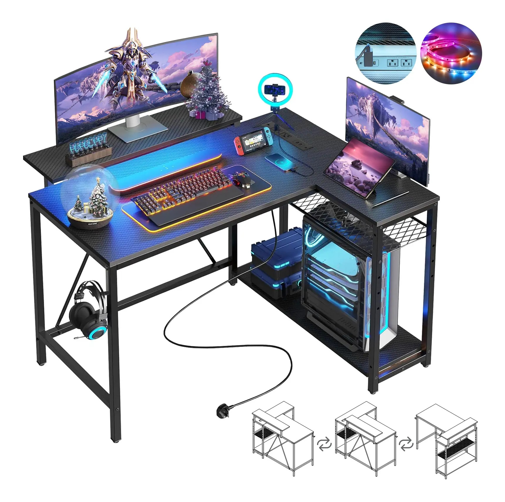 Furrific®escritorio Gamer En L Con Luz Led Y Regleta Enchufe