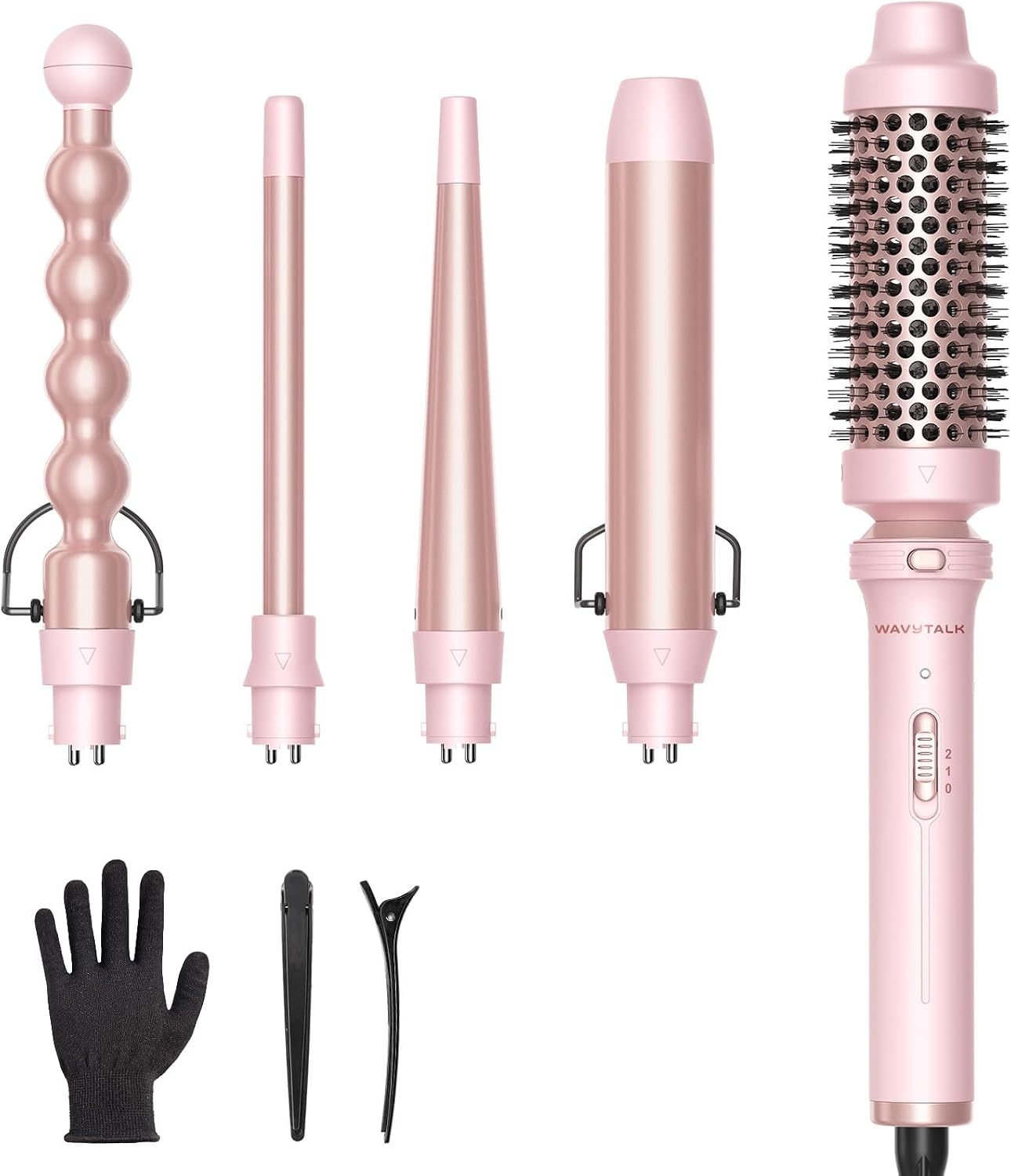 5 en 1 Ceramic Curling Wand, Rizador de Pelo de calentamiento rápido de 1/2 a 1 1/2 pulgadas y Cepillo Térmico, Rizadora para Cabello de Doble Voltaje, Oro Rosa