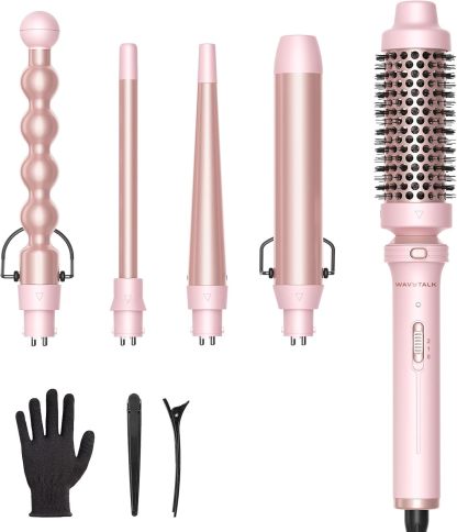 5 en 1 Ceramic Curling Wand, Rizador de Pelo de calentamiento rápido de 1/2 a 1 1/2 pulgadas y Cepillo Térmico, Rizadora para Cabello de Doble Voltaje, Oro Rosa