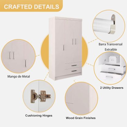 TRIUMPHKEY Ropero Closet Madera para Recamara Armarios para Ropa con 2 Cajones Closet con 3 Puertas Minimalista Muebles para Sala De Estar 90x46x180CM (Blanco)