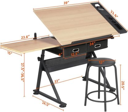 Yaheetech - computadora de arte blanco ajustable en altura para adultos, mesa inclinable de dibujo con computadora extragrande y cajones, juego de mesa y silla plegable para manualidades con taburetes