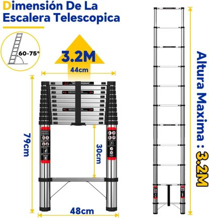 Bowoshen Escalera Telescópica De 6.2 Metros Escalera De Aluminio Segura Y Protegida Antideslizante Multiusos Escalera Extensible 20.5 Pies, 330 Libras Capacidad