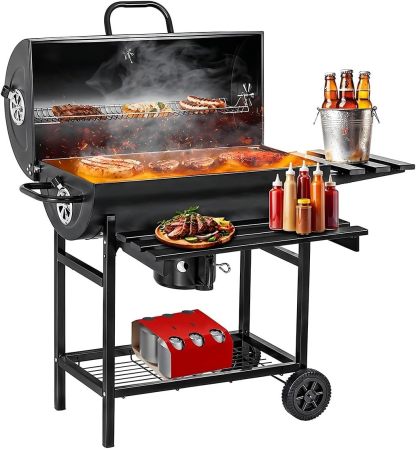 Raganet, Parrilla Asador de Carbón con Cenicero, Termómetro, Ruedas, Amplia Superficie de Cocción y Material Resistente, Ideal para Jardín y Terraza