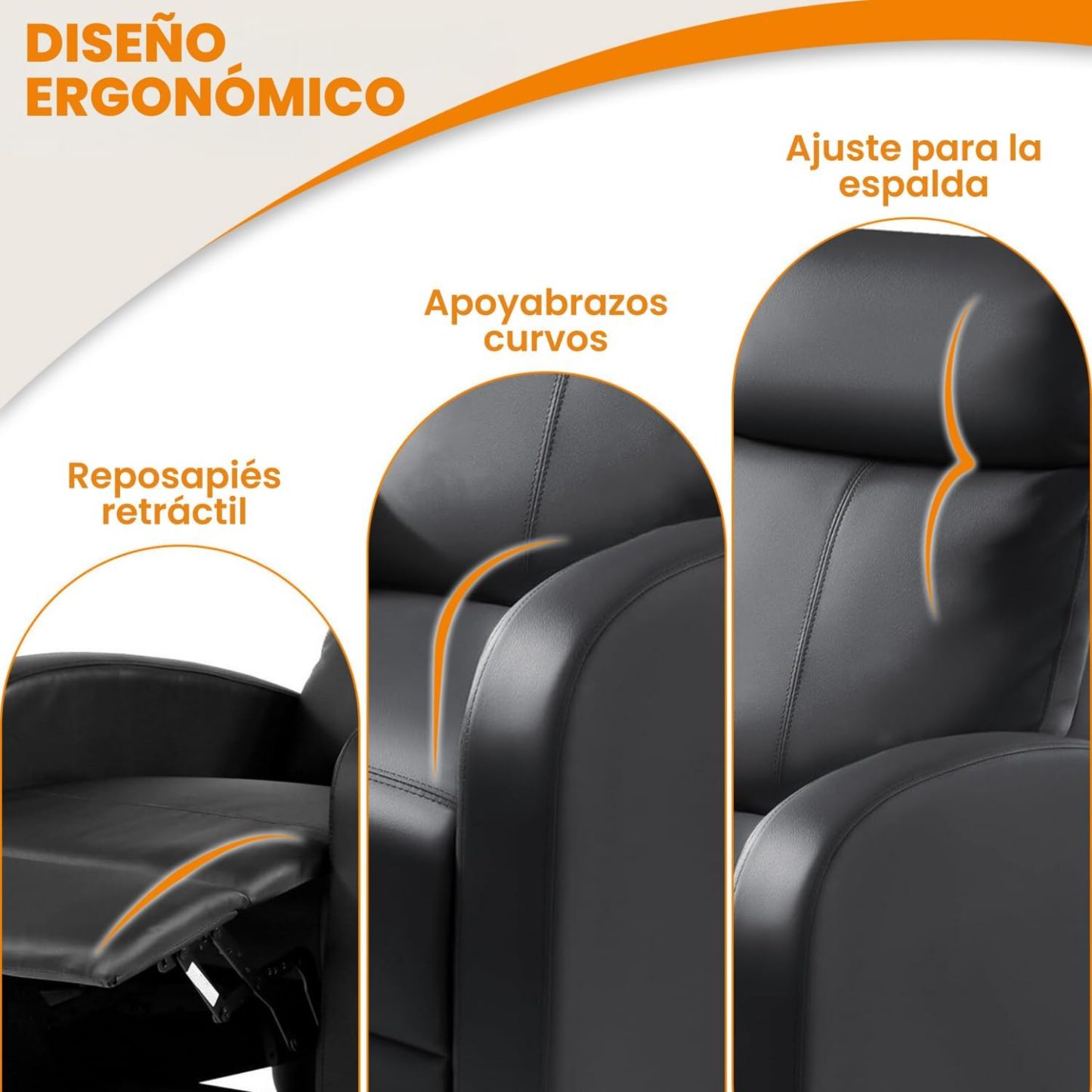 FABATO Sillon Individual - Sillon Reclinable Adultos Tipo Cine 8 Modos de Masaje con Soporte Lumbar, Reposapiés Retráctil y 3 Posiciones - Tu Sofa Adulto de Cuero Ideal para tu casa (Negro)