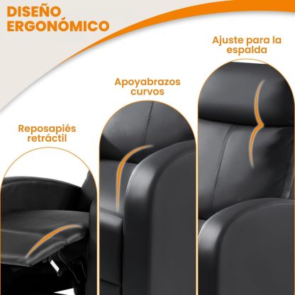 FABATO Sillon Individual - Sillon Reclinable Adultos Tipo Cine 8 Modos de Masaje con Soporte Lumbar, Reposapiés Retráctil y 3 Posiciones - Tu Sofa Adulto de Cuero Ideal para tu casa (Negro)