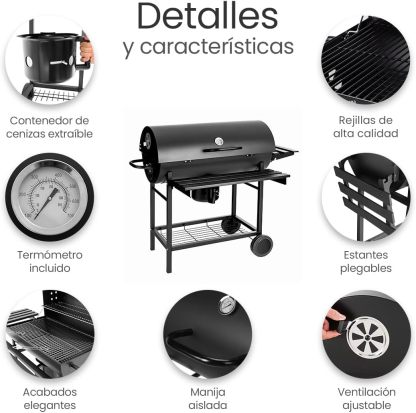 Raganet, Parrilla Asador de Carbón con Cenicero, Termómetro, Ruedas, Amplia Superficie de Cocción y Material Resistente, Ideal para Jardín y Terraza