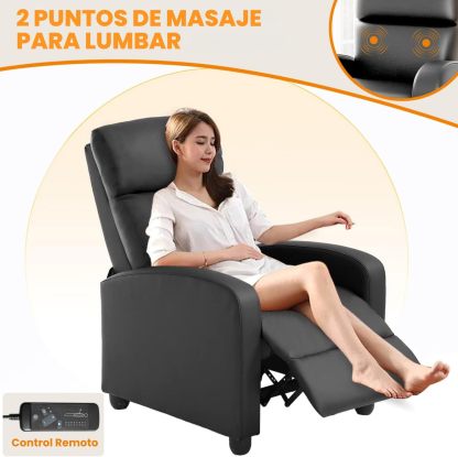 FABATO Sillon Individual - Sillon Reclinable Adultos Tipo Cine 8 Modos de Masaje con Soporte Lumbar, Reposapiés Retráctil y 3 Posiciones - Tu Sofa Adulto de Cuero Ideal para tu casa (Negro)