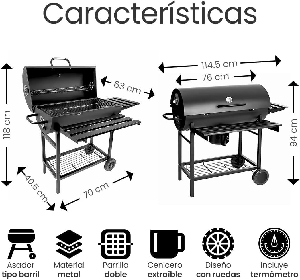 Raganet, Parrilla Asador de Carbón con Cenicero, Termómetro, Ruedas, Amplia Superficie de Cocción y Material Resistente, Ideal para Jardín y Terraza
