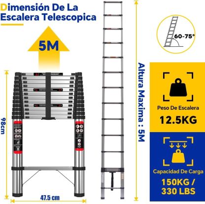Bowoshen Escalera Telescópica De 6.2 Metros Escalera De Aluminio Segura Y Protegida Antideslizante Multiusos Escalera Extensible 20.5 Pies, 330 Libras Capacidad