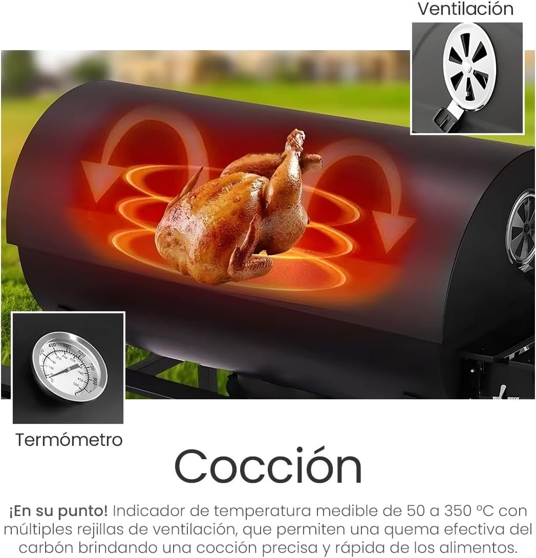 Raganet, Parrilla Asador de Carbón con Cenicero, Termómetro, Ruedas, Amplia Superficie de Cocción y Material Resistente, Ideal para Jardín y Terraza