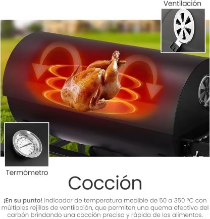 Raganet, Parrilla Asador de Carbón con Cenicero, Termómetro, Ruedas, Amplia Superficie de Cocción y Material Resistente, Ideal para Jardín y Terraza