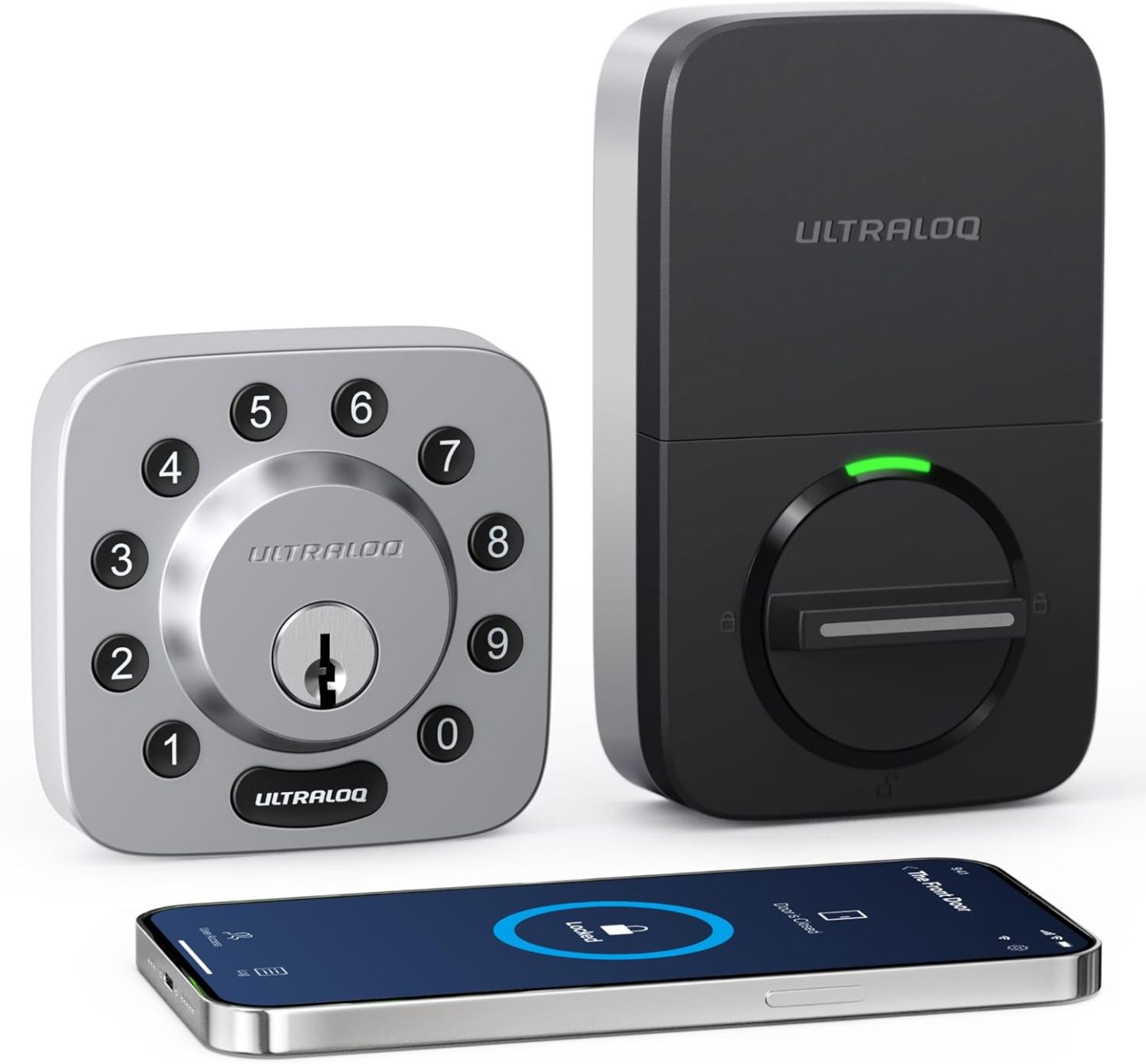 ULTRALOQ U-Bolt 5 en 1 Cerradura de puerta de entrada sin llave con smartphone, Bluetooth, teclado, desbloqueo automático, cerradura de puerta inteligente, cerrojo inteligente, cerradura de puerta delantera, certificado ANSI grado 1, color negro