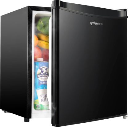 Upstreman Mini refrigerador con congelador de 1.7 pies cúbicos, termostato ajustable, ahorro de energía, bajo ruido, refrigerador compacto de una sola puerta para recámara, oficina, recámara, negro-FR17