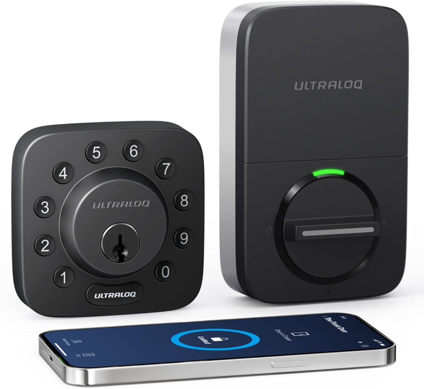 ULTRALOQ U-Bolt 5 en 1 Cerradura de puerta de entrada sin llave con smartphone, Bluetooth, teclado, desbloqueo autom��tico, cerradura de puerta inteligente, cerrojo inteligente, cerradura de puerta delantera, certificado ANSI grado 1, color negro