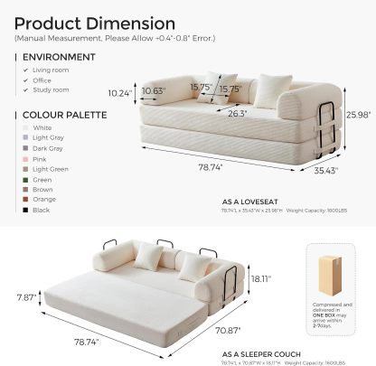 🛋️ Sofá Cama Convertible 79 Pulgadas, Diseño Deshuesado, Mueble Multifuncional para Sala de Estar, Colores Beige y Blanco