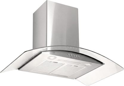 AVERA Campana de cocina 90 cm de pared, 3 velocidades, Luz LED, Filtro de carbón activado, Filtro de malla metálica lavable, Acero inoxidable y vidrio templado, Diseño curvo | CEV90
