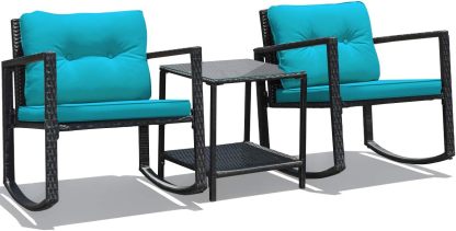 RELAX4LIFE Outdoor Rocking Chair Set, 3-Piece PE Rattan Bistro Set Patio Wicker Conversation Set w/Cushions Table & Storage Shelf, Outdoor Furniture for Garden, Backyard and Poolside (Beige)