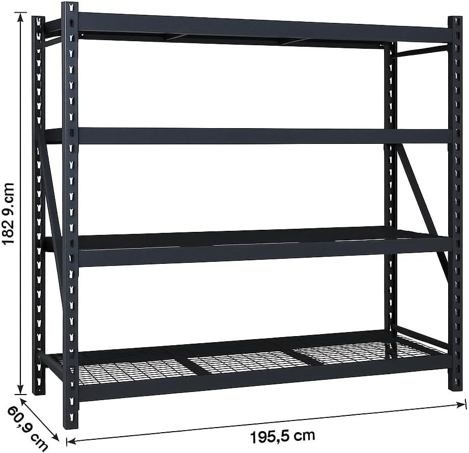 Estante Industrial de Acero Reforzado, 4 Niveles, Negro, 195.5 x 60.9 x 182 cm, Capacidad 1100 kg por Nivel, 4 Toneladas
