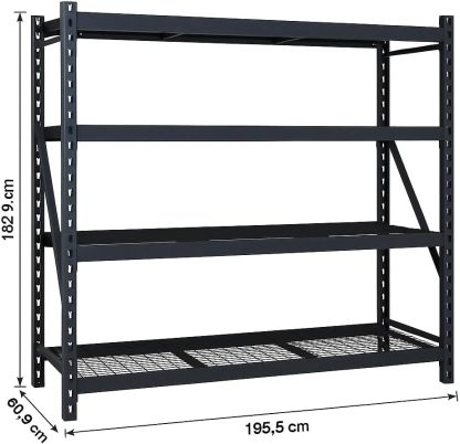 Estante Industrial de Acero Reforzado, 4 Niveles, Negro, 195.5 x 60.9 x 182 cm, Capacidad 1100 kg por Nivel, 4 Toneladas