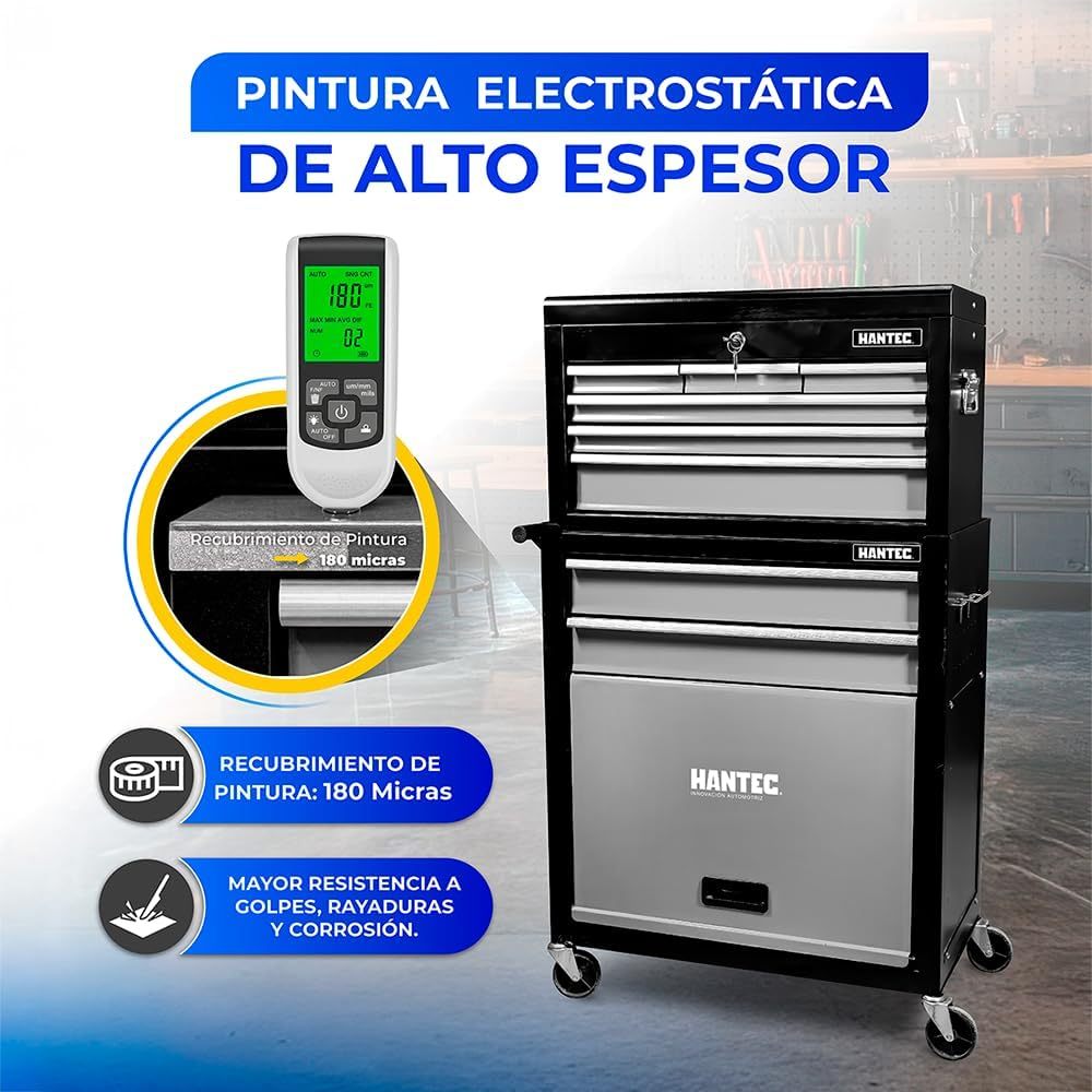 Hantec - Combo Caja de Herramientas y Estante Móvil - 9 Cajones Deslizables, Metal Reforzado con Ruedas y Cerradura - Color Gris