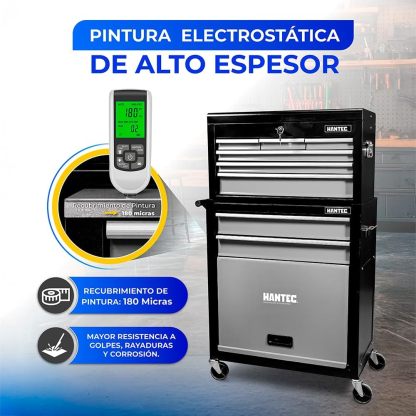 Hantec - Combo Caja de Herramientas y Estante Móvil - 9 Cajones Deslizables, Metal Reforzado con Ruedas y Cerradura - Color Gris