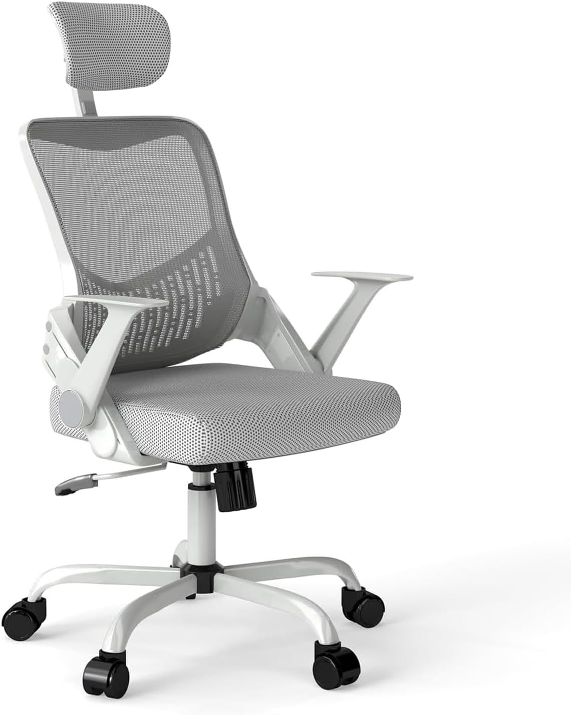 FurnitureR Silla Oficina Ergonómica con Reposacabezas, Silla Escritorio Malla Resistente con Soporte Lumbar, Silla Computadora con Base Metal, Asiento y Reposacabezas Ajustables Gris