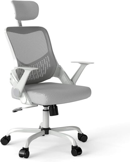 FurnitureR Silla Oficina Ergonómica con Reposacabezas, Silla Escritorio Malla Resistente con Soporte Lumbar, Silla Computadora con Base Metal, Asiento y Reposacabezas Ajustables Gris