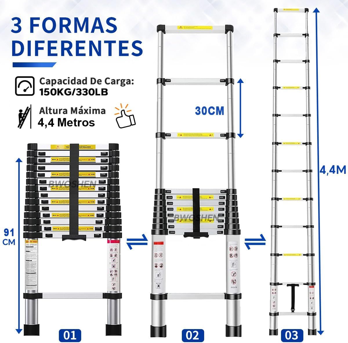 Bowoshen Escalera Telescópica De 6.2 Metros Escalera De Aluminio Segura Y Protegida Antideslizante Multiusos Escalera Extensible 20.5 Pies, 330 Libras Capacidad