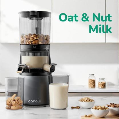Canoly C16 Exprimidor de prensa en frío, canal de alimentación extra ancho de 6 pulgadas, coladores 3 en 1 (jugo y sorbete y leche de nuez), potente motor AC sin escobillas, sistema autoprecortado