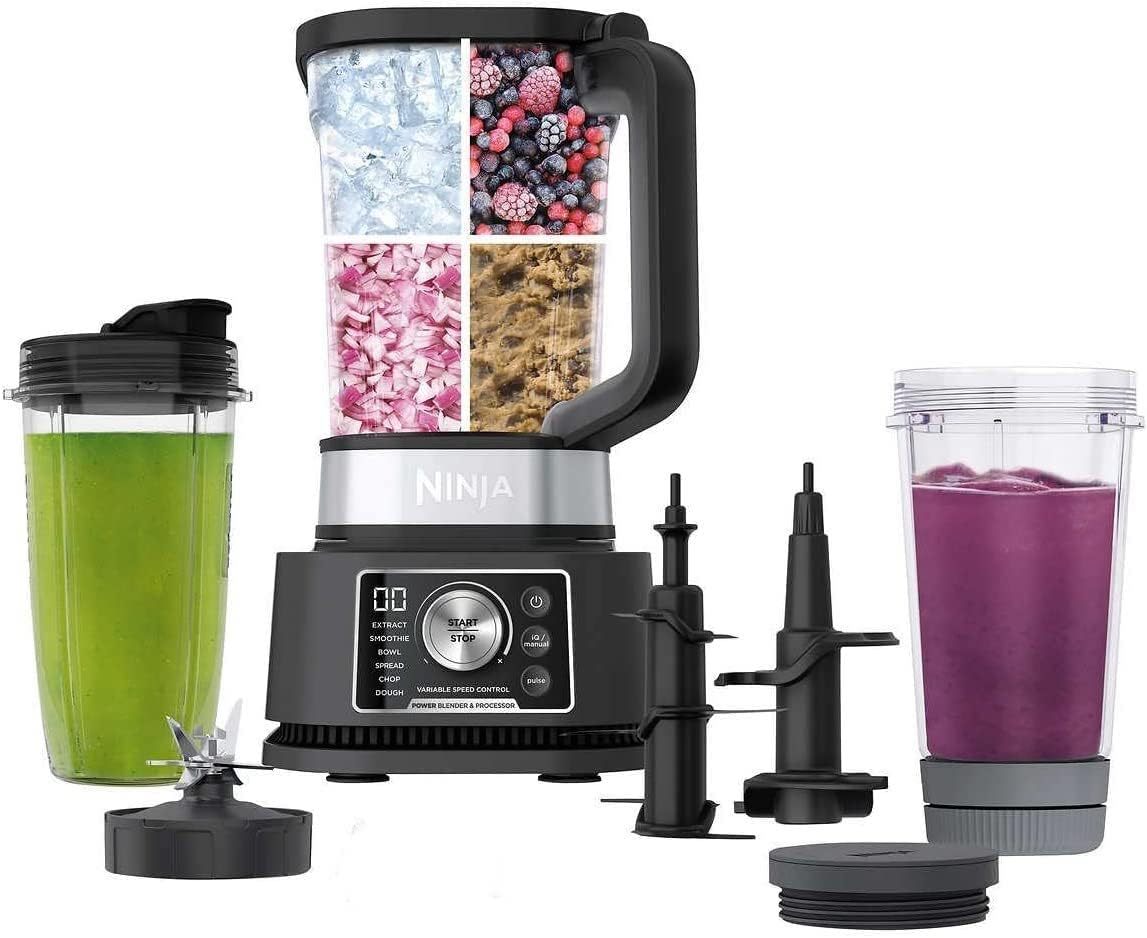 Ninja CO351B SS351 Foodi Potente sistema de licuadora para batidos, 4 en 1 + procesador de alimentos, una sola porción, 1400 WP, smartTORQUE, 6 programas predeterminados Auto-iQ (reacondicionado)