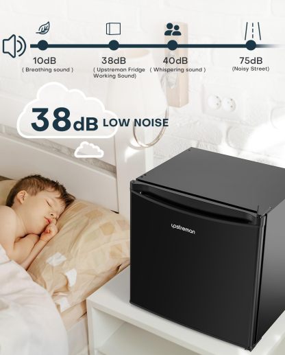 Upstreman Mini refrigerador con congelador de 1.7 pies cúbicos, termostato ajustable, ahorro de energía, bajo ruido, refrigerador compacto de una sola puerta para recámara, oficina, recámara, negro-FR17