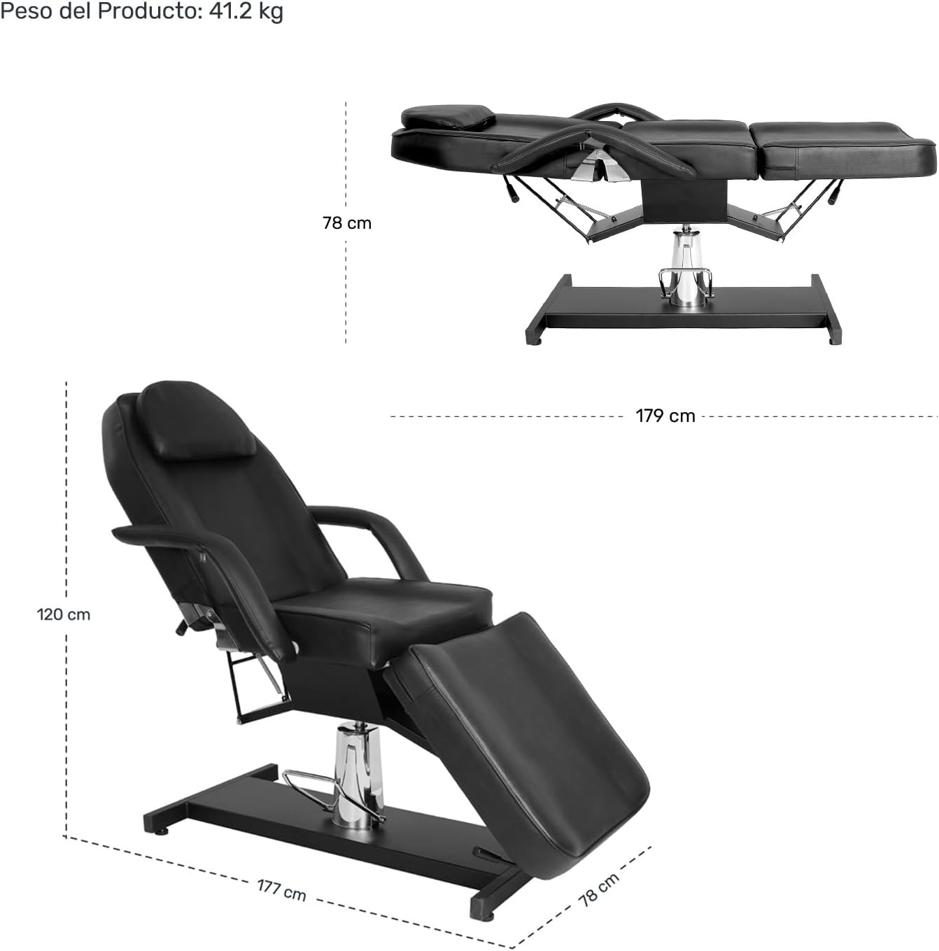RACK & PACK Silla Sillon Reclinable para Masaje Profesional Lashista Skinker Giro 360° Respaldo 30° 10 Posiciones Soporta 150 Kg Sistema Hidraulico Camilla para SPA Tattoo Estructura Robusta