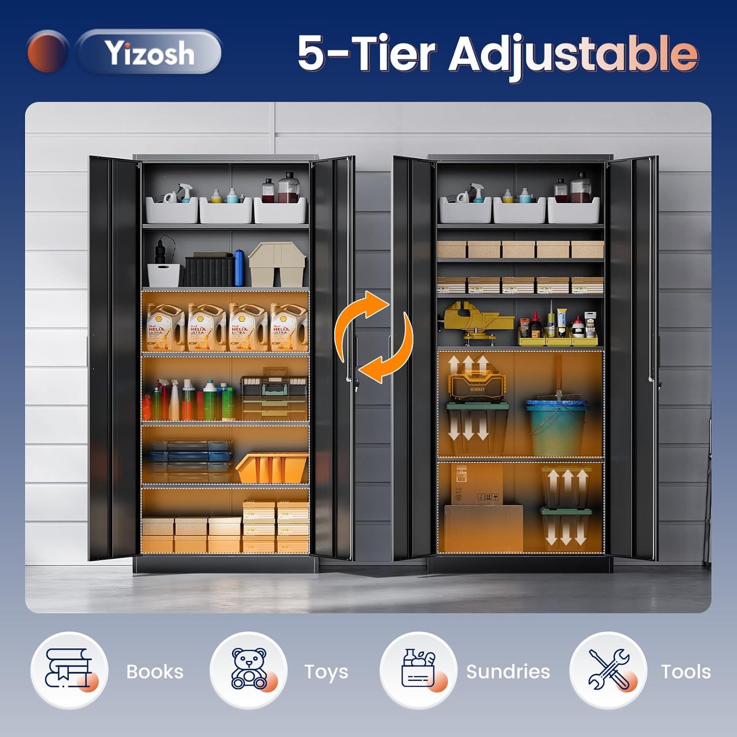 Yizosh - Gabinete de almacenamiento de metal con 2 puertas y 5 estantes ajustables, archivador de acero de 71 pulgadas, gabinetes de herramientas de bloqueo para oficina, hogar, cochera, gimnasio,