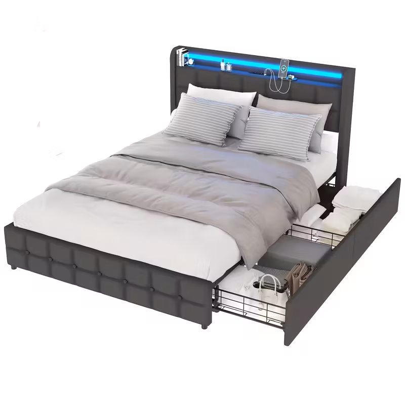   de cama individual moderno tapizado con 2 gavetas y cabecero - soporte resistente en listones de madera,    , plataforma   (90  cm/35 x79 ) -   montaje,   para gemelos, diseño que     Detalles del producto 0
