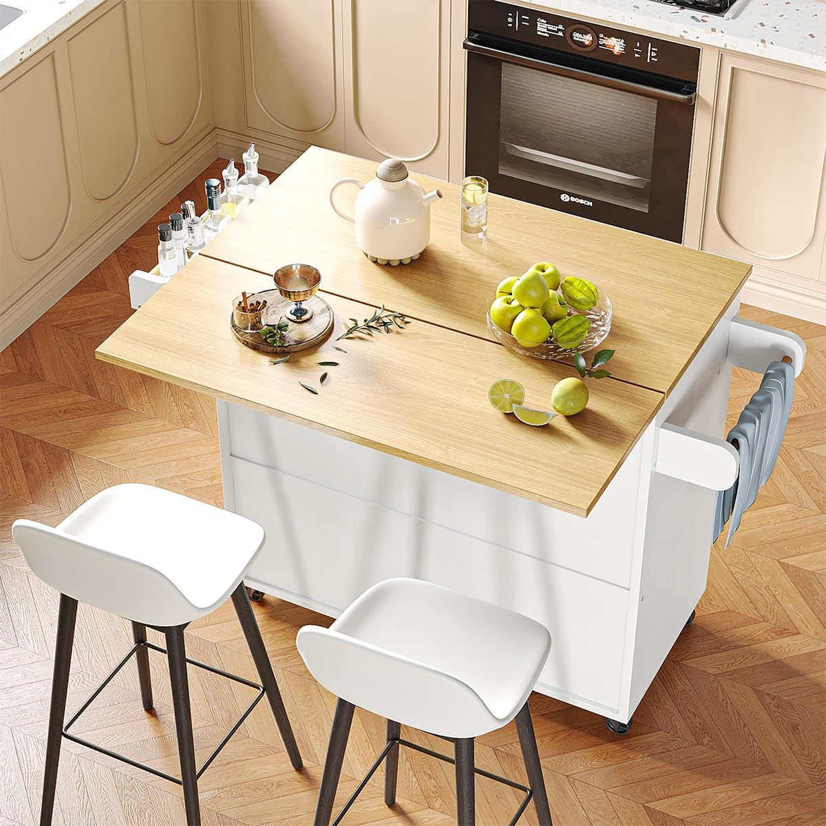 Isla de Cocina Móvil Multifuncional con Ruedas - Abatible,Organizador Integrado Gabinetes,Cajones,Especiero,Toallero Mesa Auxiliar,Almacenamiento Compacto Color de Relieve Blanco