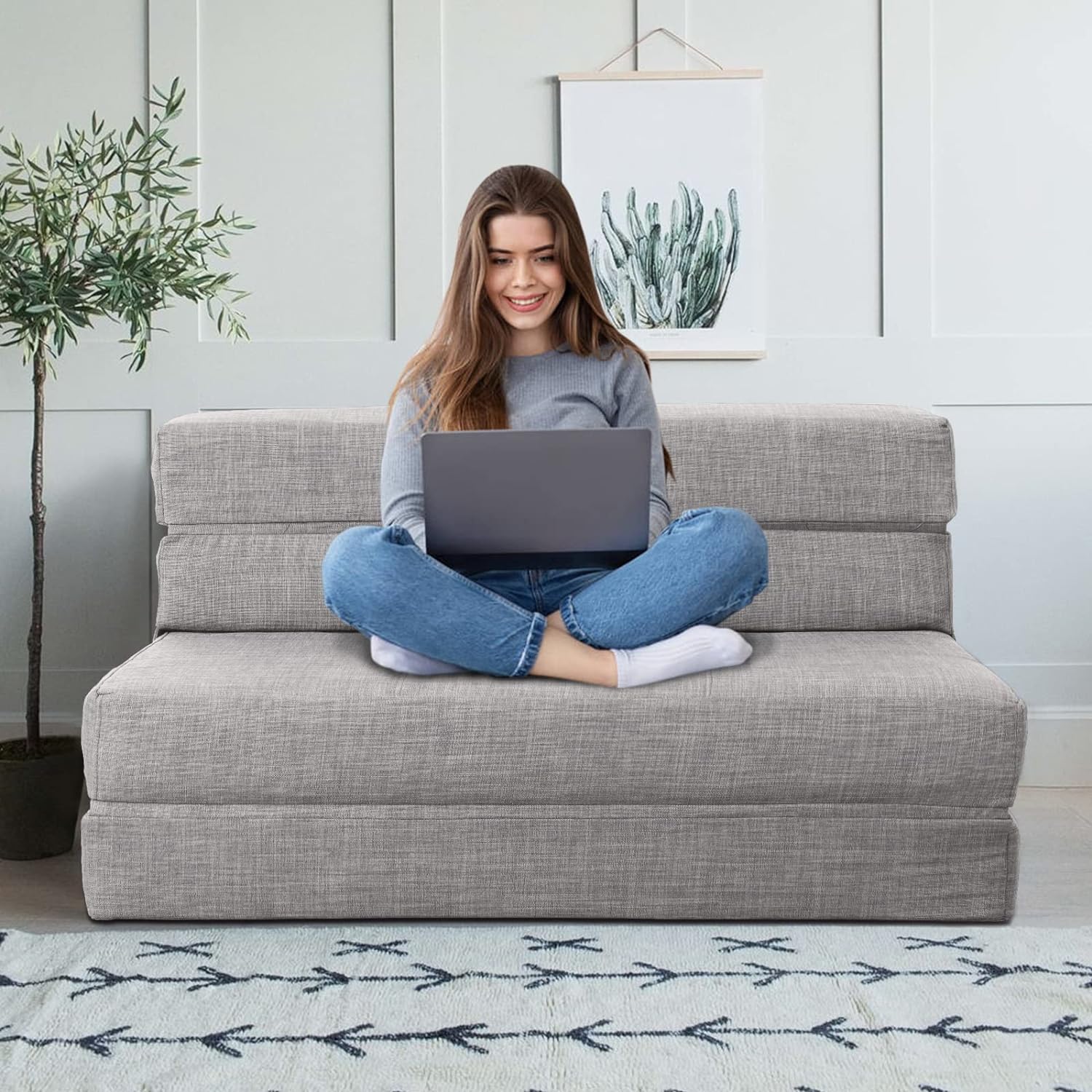 Silla reclinable Anoner, sofá cama plegable de 152 cm, diván con 2 cojines, funda lavable de espuma viscoelástica tamaño queen, color gris claro