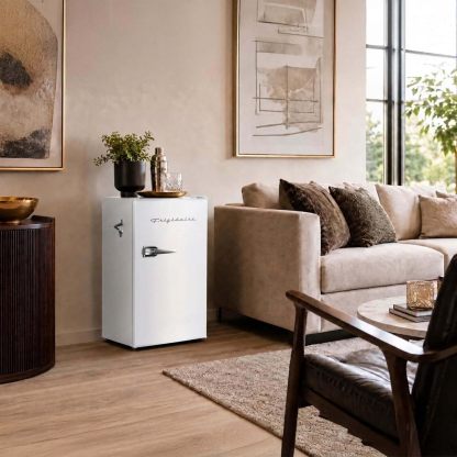 ❄️ Refrigerador compacto retro Frigidaire con enfriador, refrigerador de mostrador de 3.2 pies cúbicos con abridor de botellas incorporado, ideal para oficina, dormitorio, residencia estudiantil o cabaña