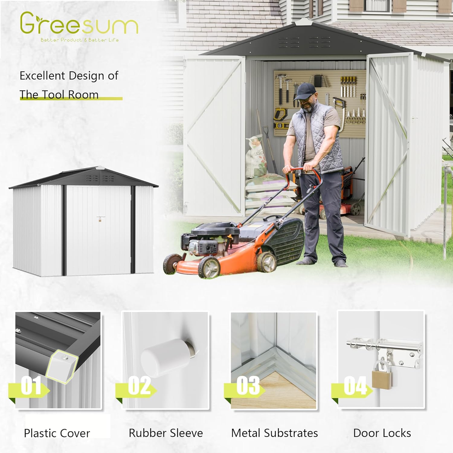Greesum - Cobertizo de almacenamiento de metal para exteriores, 5 pies x 3 pies, herramienta de acero para cobertizo de almacenamiento con puerta y cerradura, para patio trasero, jardín, patio, césped (5 x 3 pulgadas), color café