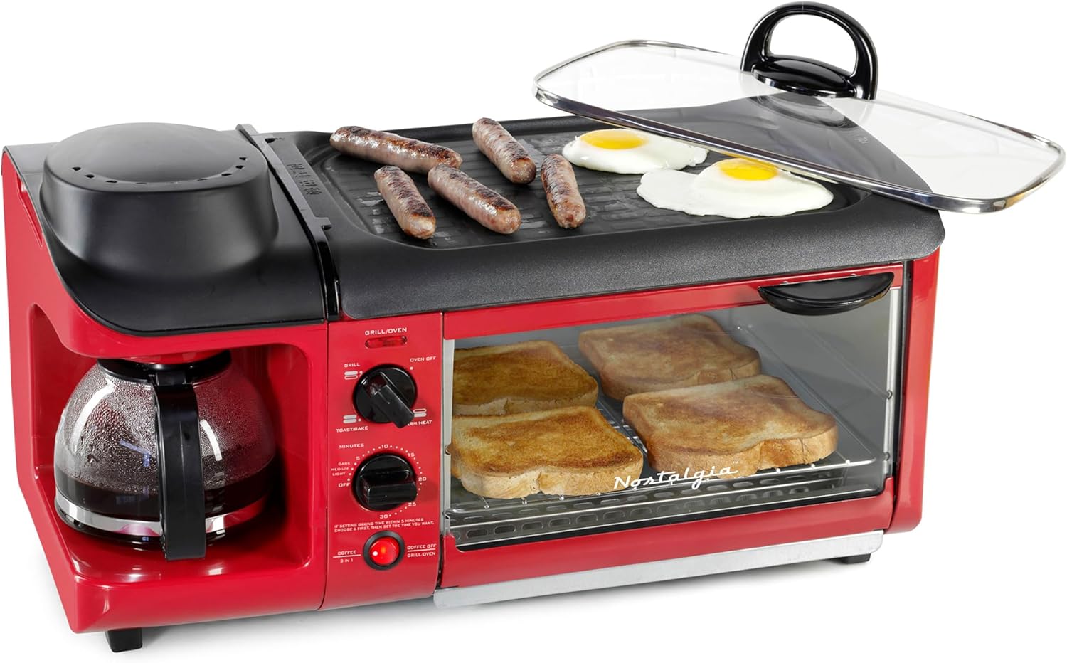 NOSTALGIA BST3RR Retro 3-in-1 Family Size Breakfast Station, Red