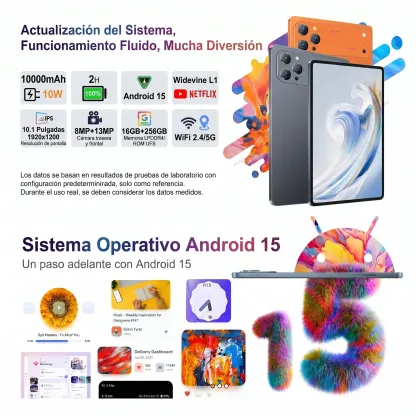 Tablet 10.1" Android 15 Rendimiento Fluido | Octa-Core | 16GB+256GB | Pantalla HD | 10000mAh | WiFi 5G | Accesorios Incluidos