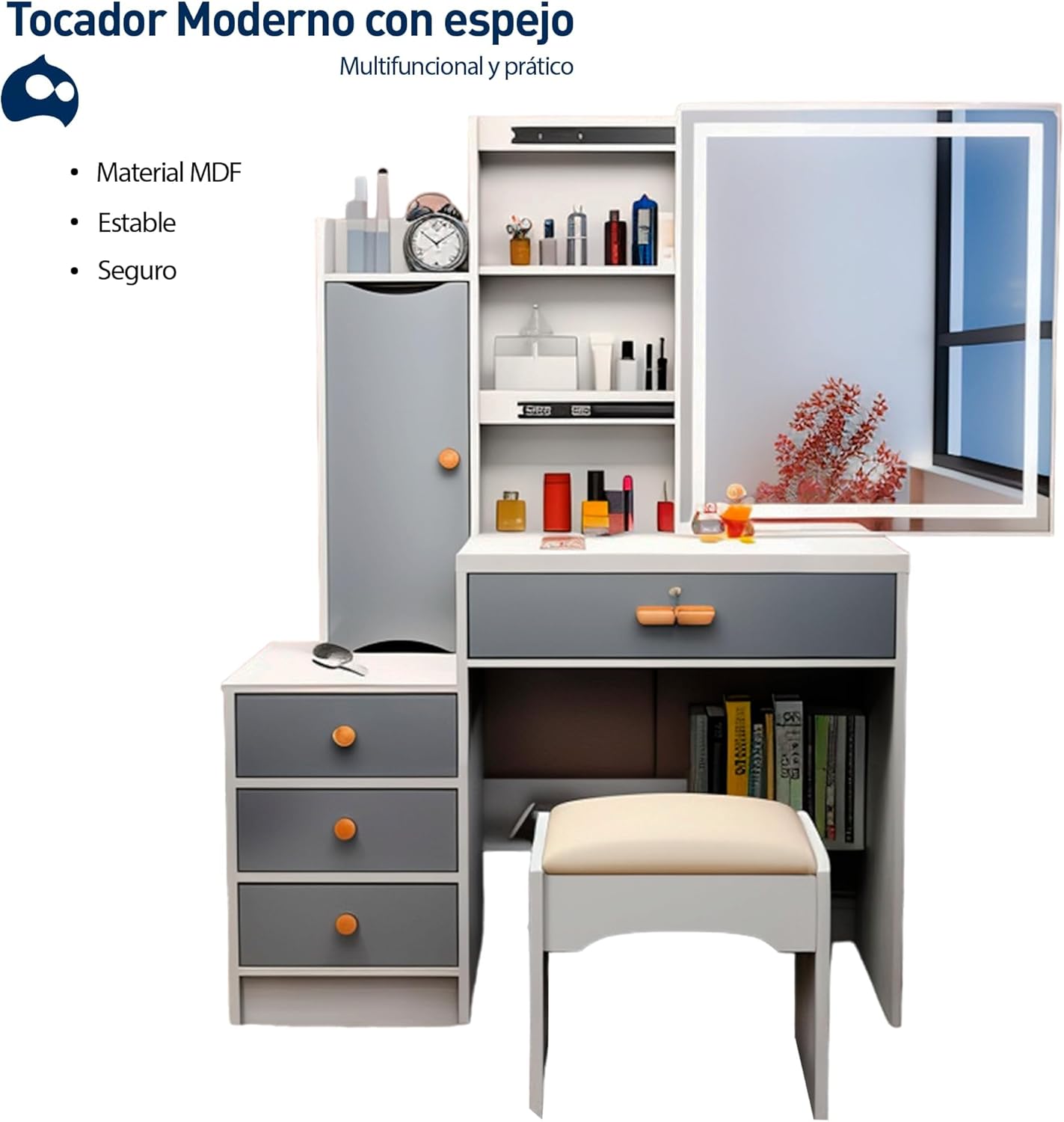 Bluelander Tocador De Niña, Tocador Vanity, Tocador para Niña, Vanity Tocador Hollywood, Tocador de Maquillaje con 4 Cajones, Estantes Ocultos, Incluye Taburete Acolchado, Espejo Led (Gris Claro)