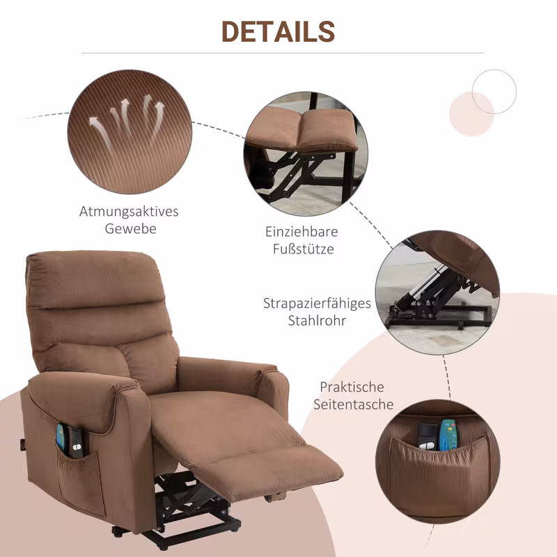 sillón de tv con asistencia eléctrica  , silla de masaje con función reclinable y calentamiento, silla de relajación con control remoto y bolsillo lateral, tela de poliéster   ajustable Detalles del producto 4