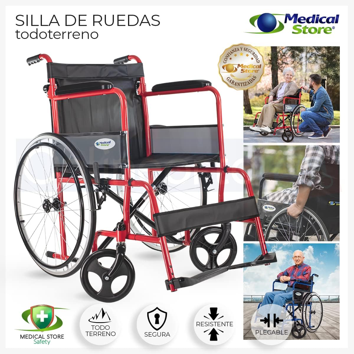 MEDICAL STORE Silla de Ruedas, Modelo 809F, Acero Resistente, Descansapies Desmontables, Descansabrazos Fijos Rectos, Asiento y Respaldo de Vinil Alta Resistencia. (ROJO)